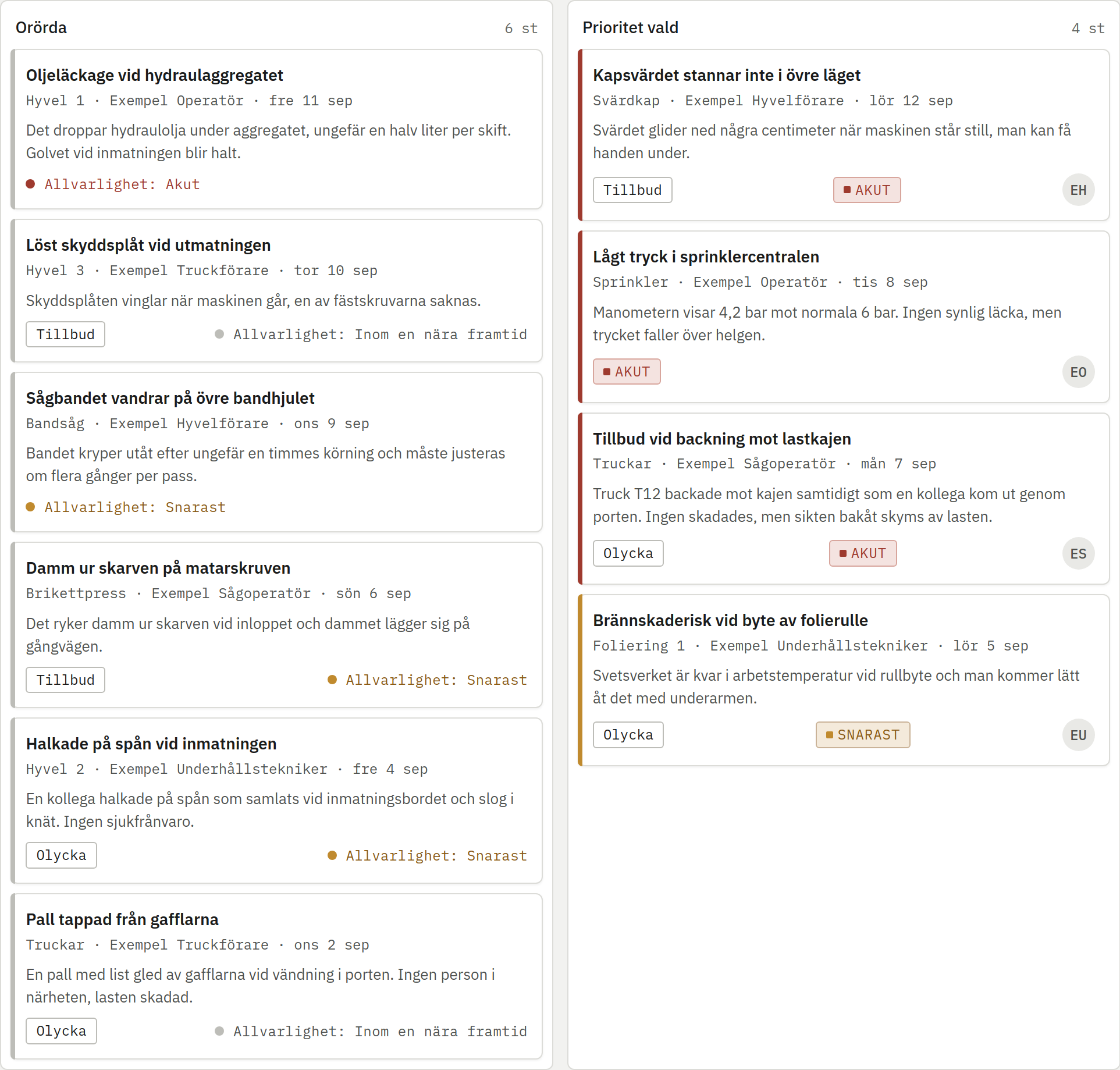 Skärmbild av Feltavlan