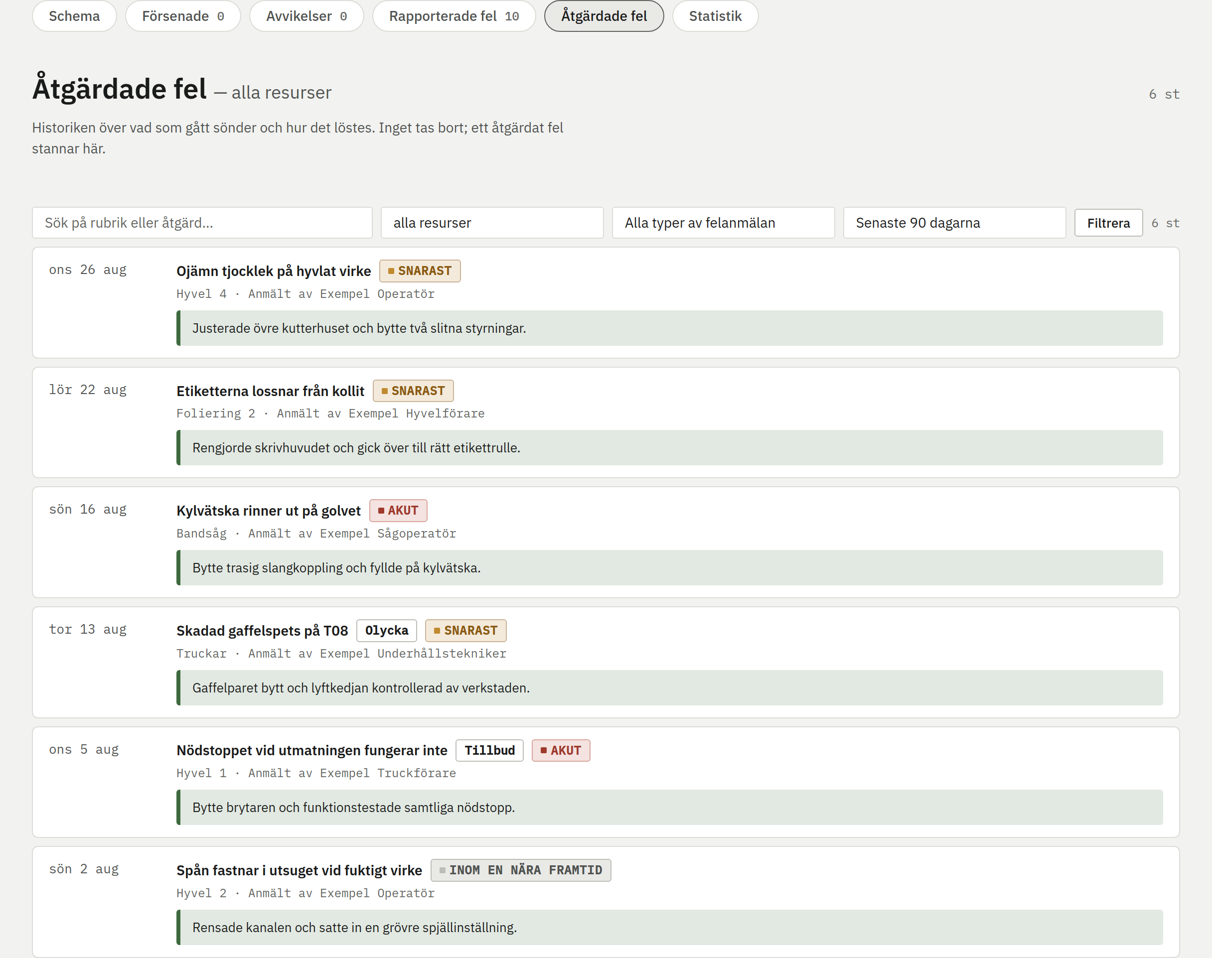 Skärmbild av Åtgärdade fel
